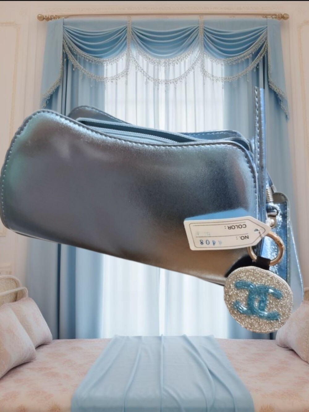 MODA BELLA Ice Blue Metallic Purse, Wallet Set of 3, with Hand Sanitizer Holder